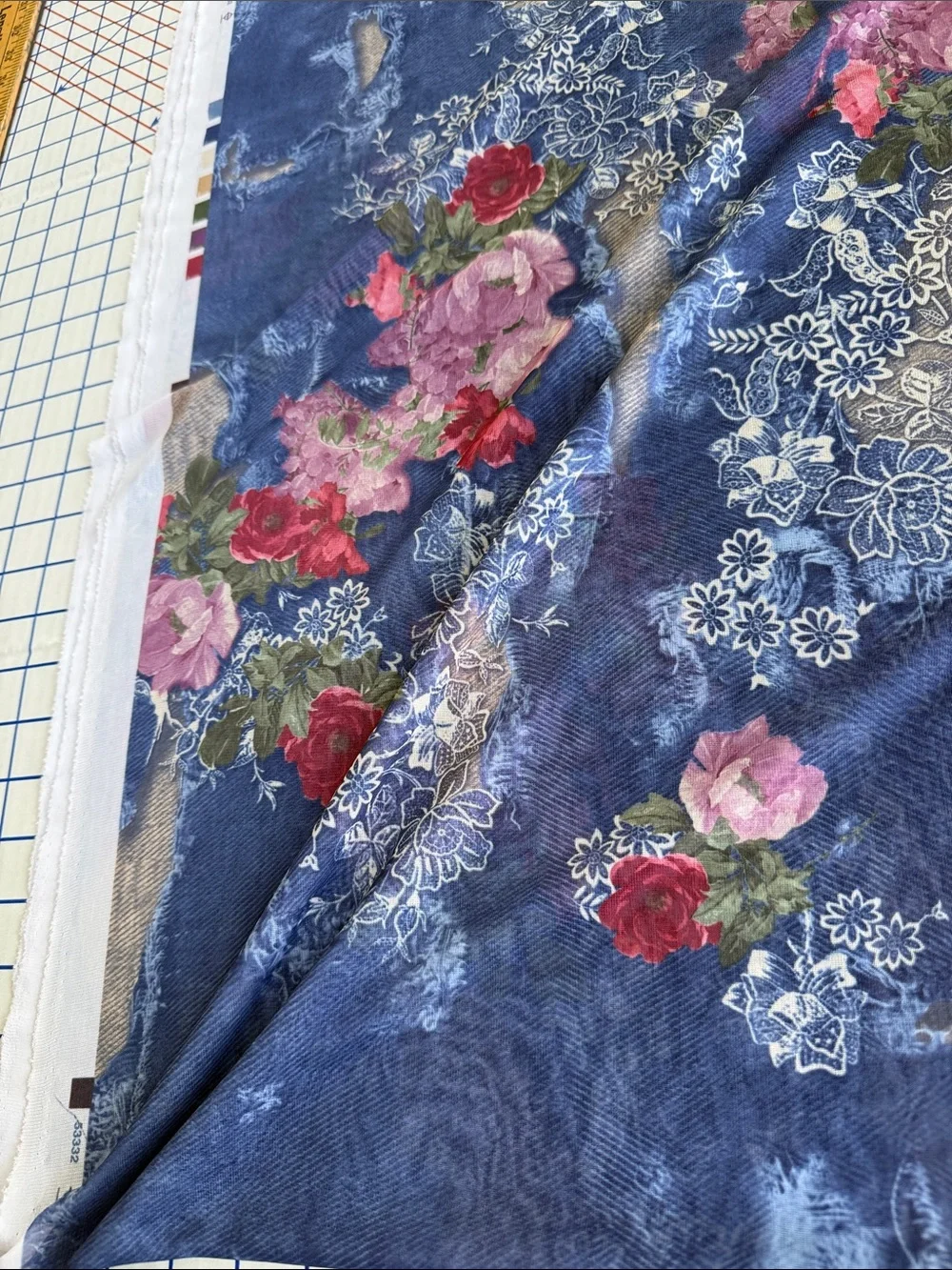 Y2K Denim Rose Lace Print Stretch Mesh Fabric 4 Yards 54” Semi Sheer